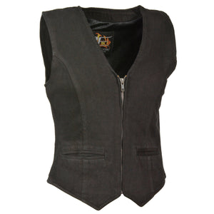 Ladies Zipper Front Denim Vest w/ V Neck Collar