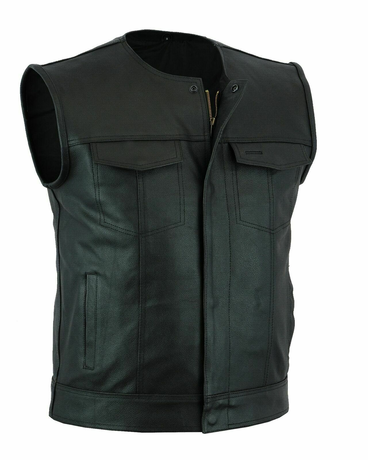 Men's SOA Collarless Leather Vest Motorcycle Biker Club Concealed Carry Outlaws
