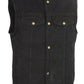 A black denim vest with snap front closure, featuring two chest pockets and two lower hand pockets, designed with a single panel back and a built-in gun pocket.