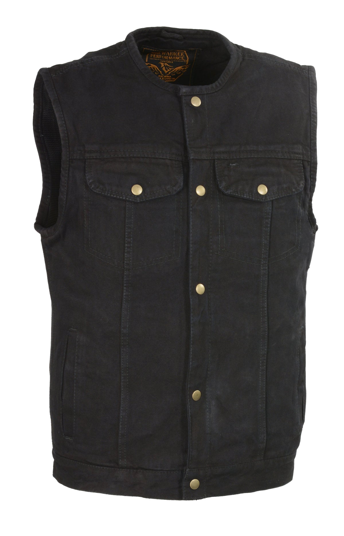 A black denim vest with snap front closure, featuring two chest pockets and two lower hand pockets, designed with a single panel back and a built-in gun pocket.