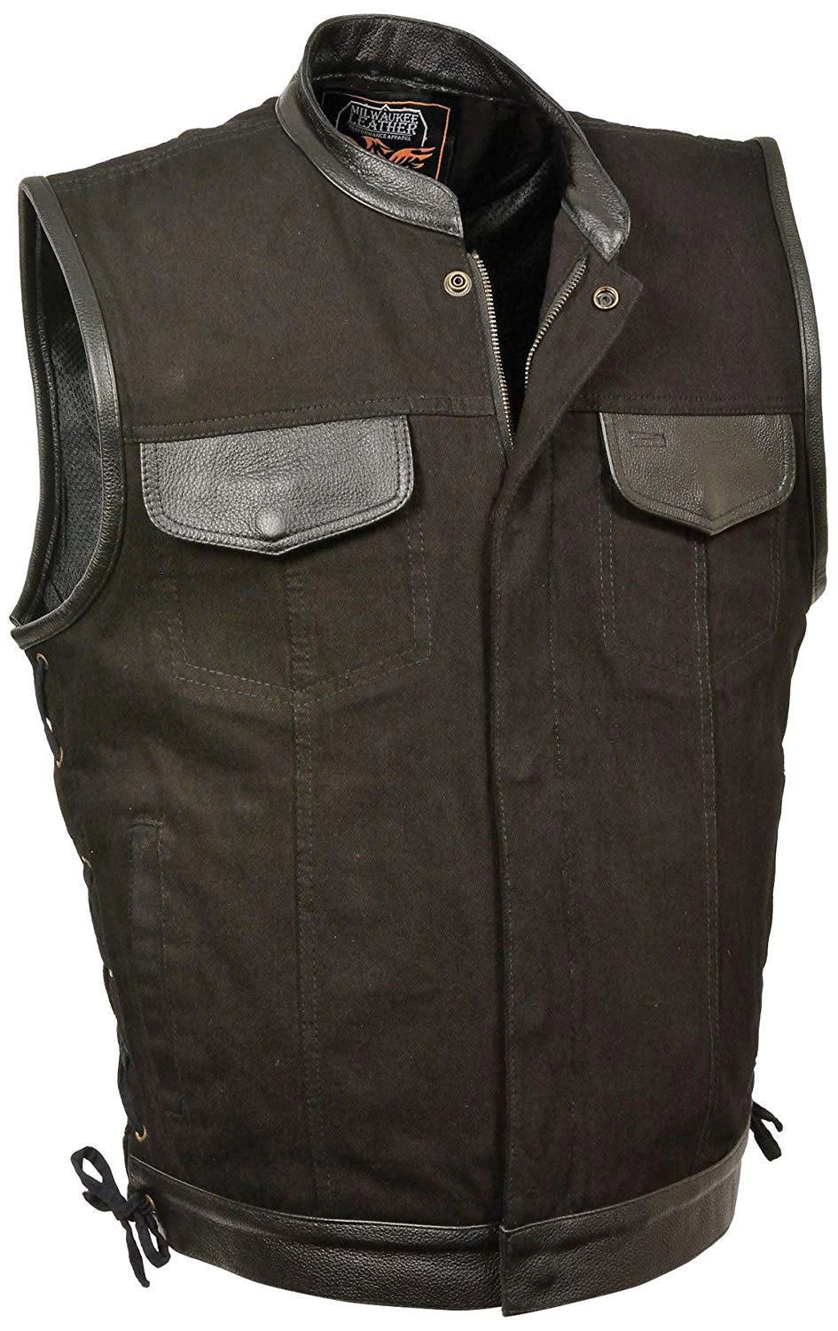 Men's Side Lace Denim Vest w/ Leather Trim & Hidden Zipper