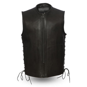 Mens Motorcycle Platinum 1.4MM Leather Seamless Design Leather Side Lace Vest
