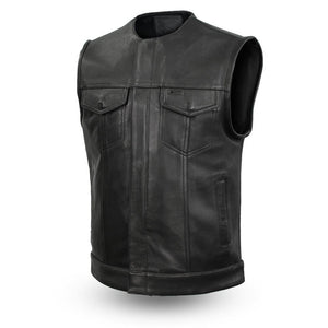 Mens Motorcycle Platinum Thick Leather Collarless Son Of Anarcy Gunpocket Vest