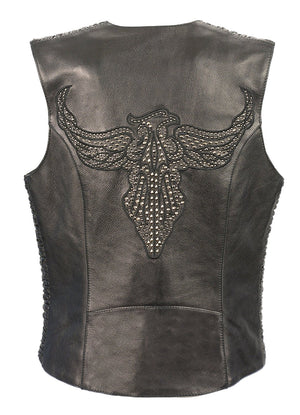Ladies Snap Front Vest w/ Phoenix Studding and Embroidery Black