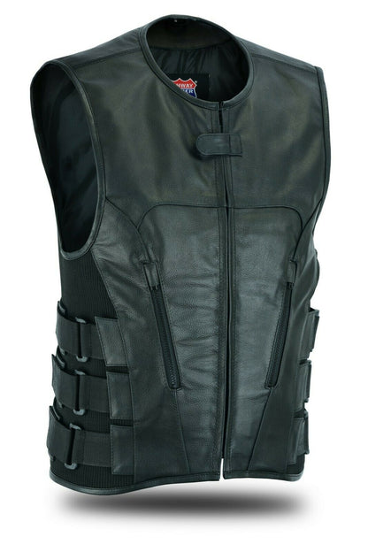 Promo Split SWAT Team–Style Leather Vest with Unique Styling and Hidden Front Zipper