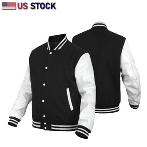 Leather Varsity Jacket Letterman Jacket Baseball Jacket Banded Collar 2802BLK/WHT