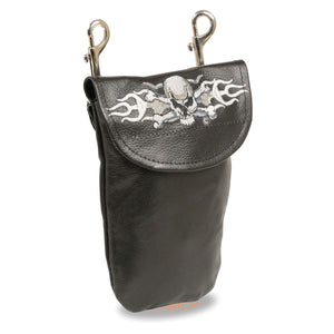 Leather Belt Bag w/ Skull & Flames & Double Clasps (7.5X6)