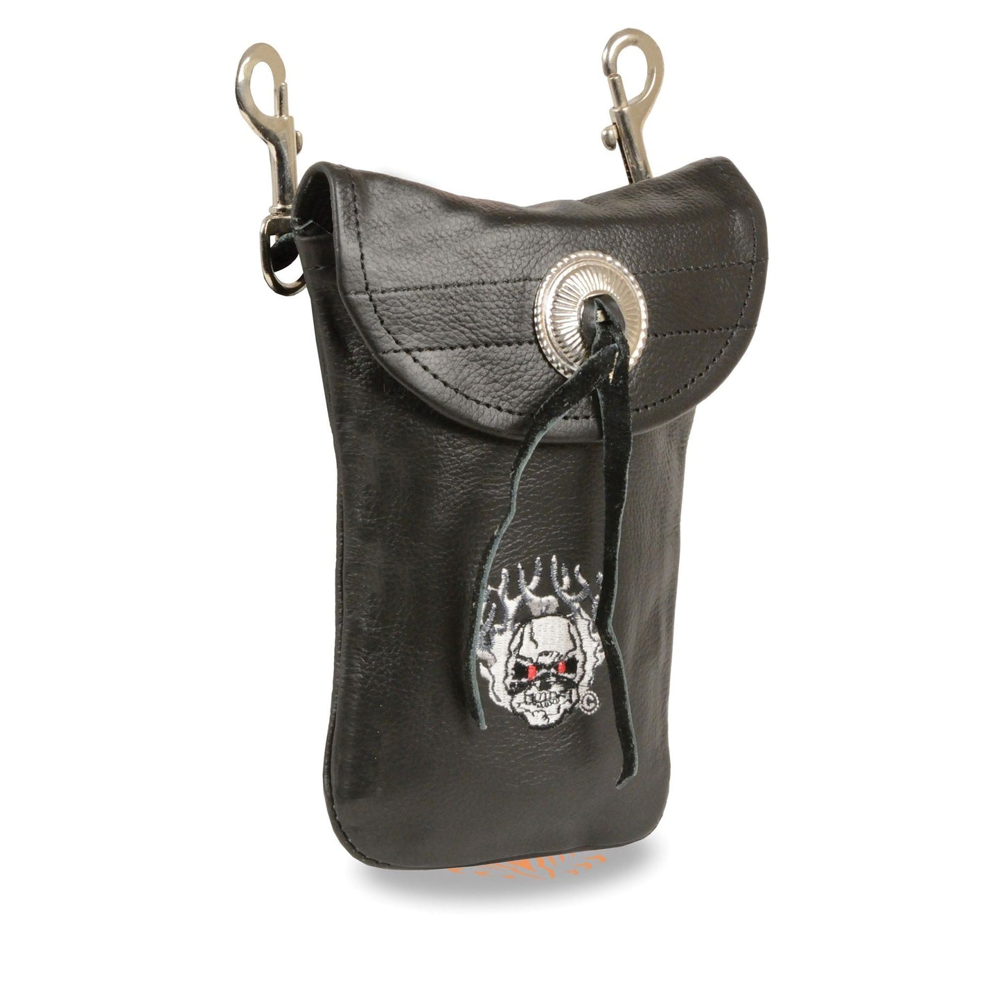 Leather Belt Bag w/ Flaming Skull & Double Clasps (7.5X6)