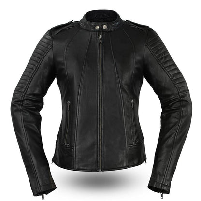 FIL104CHMZ-The Biker Ladies Stand Up Collar & Quilted Leather Jacket