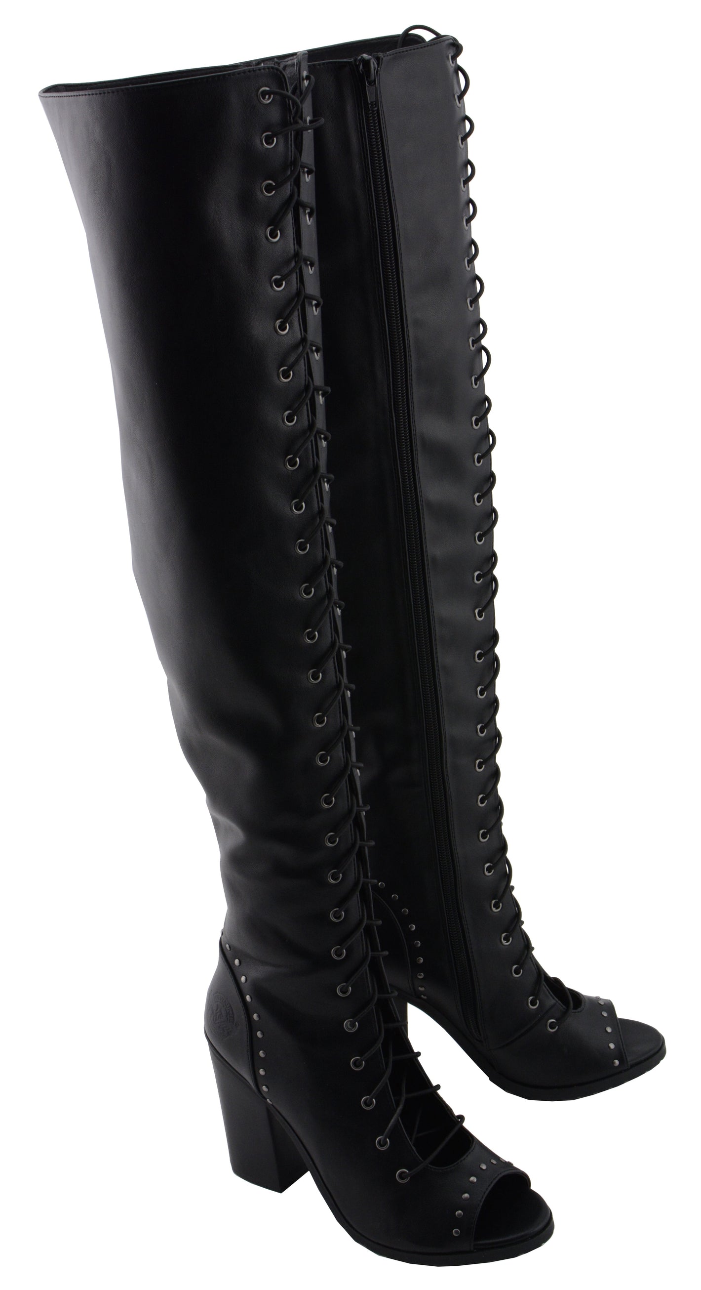 Women Lace Front Knee High Boot w/ Open Toe