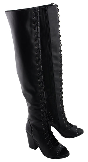Women Lace Front Knee High Boot w/ Open Toe