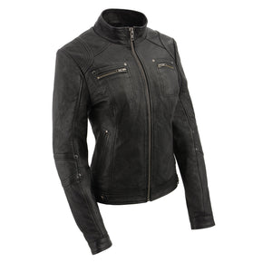Women's stand up collar racer jacket with rivet details
