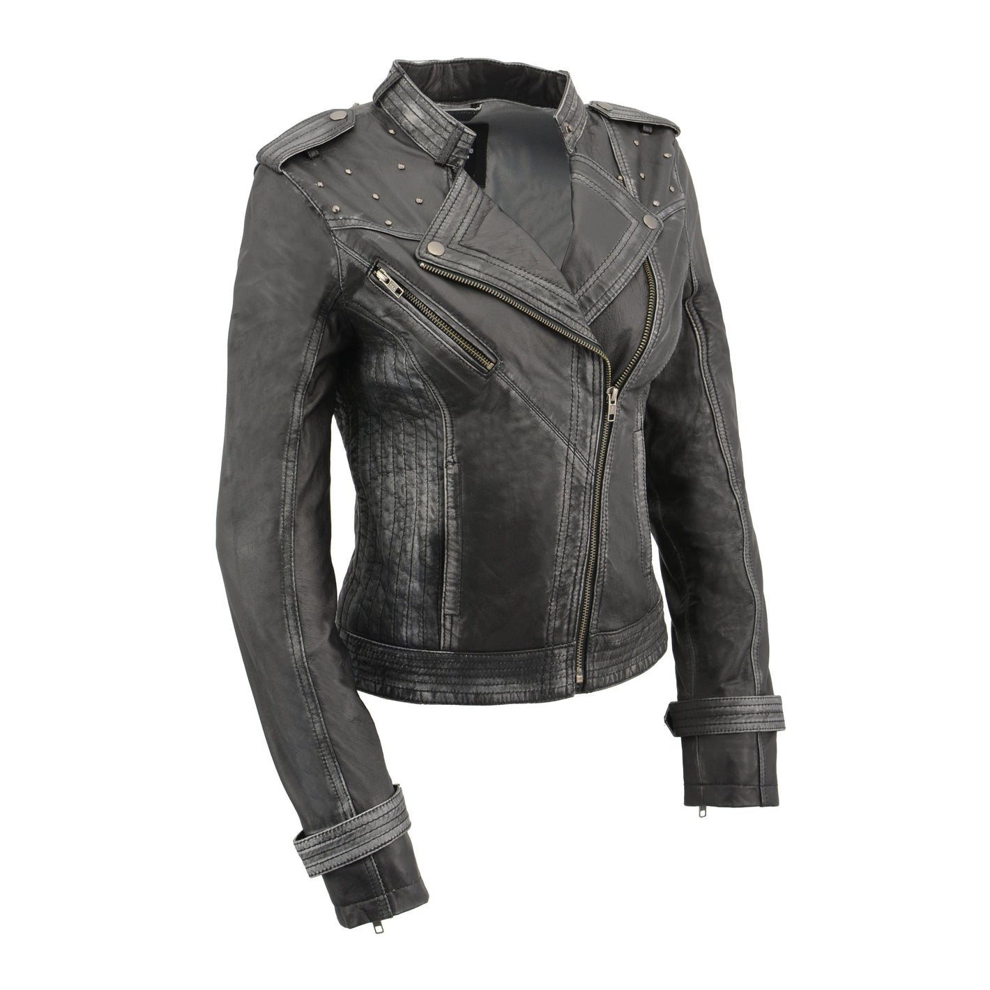 Womens Sheepskin Asymmetrical Moto Jacket w/ Studding