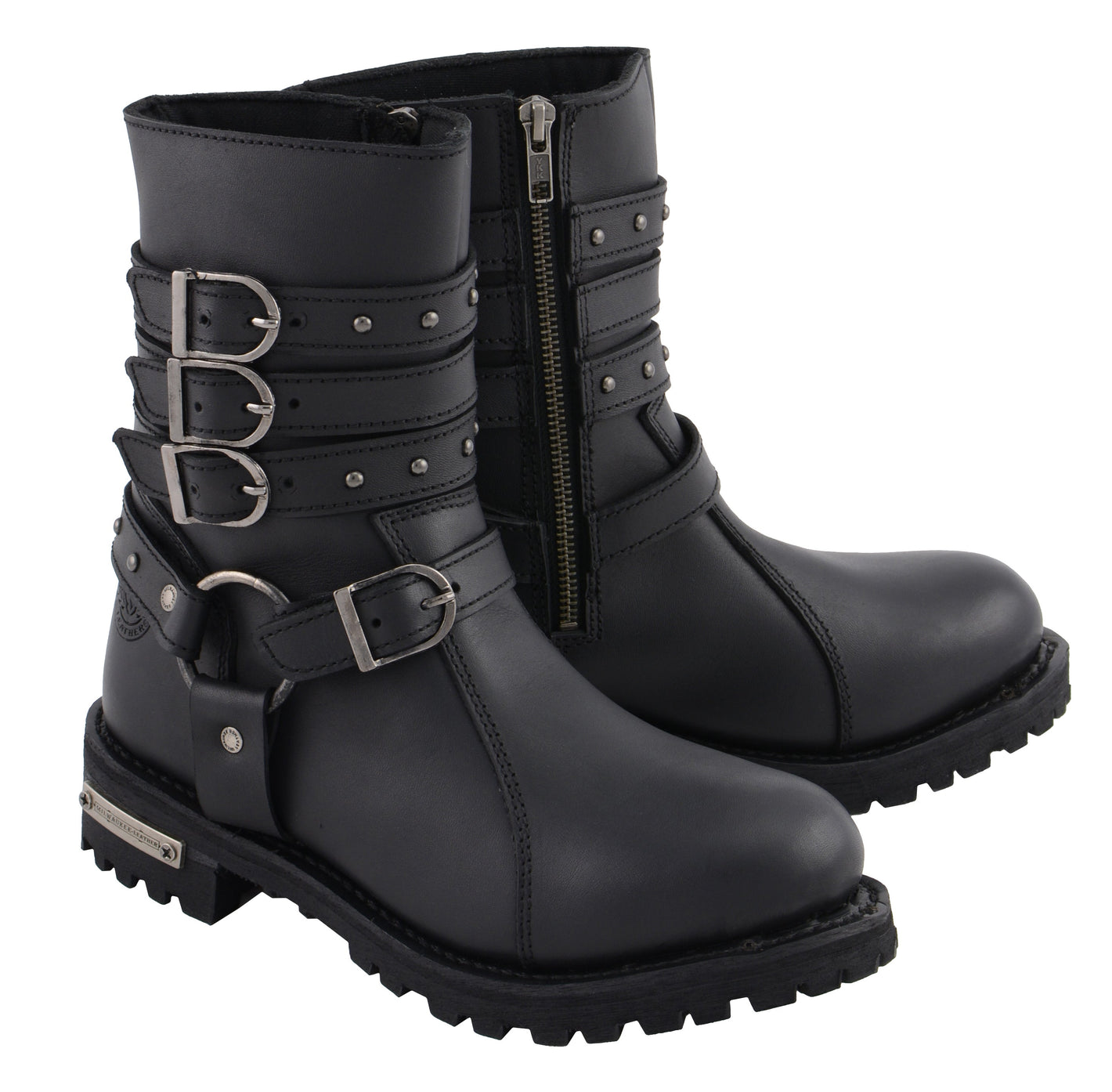Women's 9" Triple Buckle Leather Harness Boot W/ Side Zipper Entry