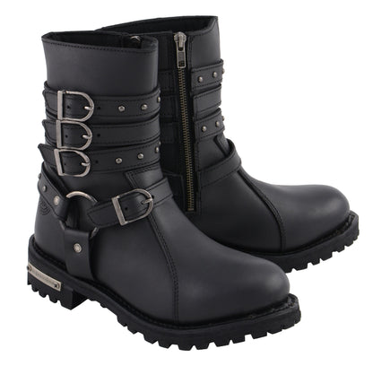 Women's 9" Triple Buckle Leather Harness Boot W/ Side Zipper Entry