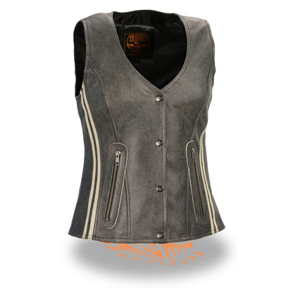 Women's Vintage Slate Snap Front Vest w/ Racing Stripes