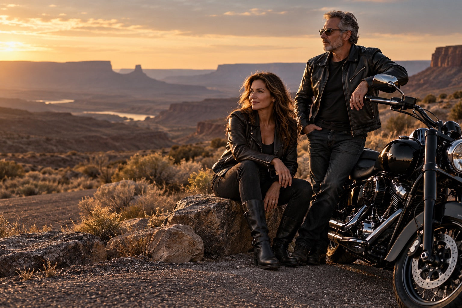 Two riders in leather jackets beside an unbranded cruiser at a desert roadside stop